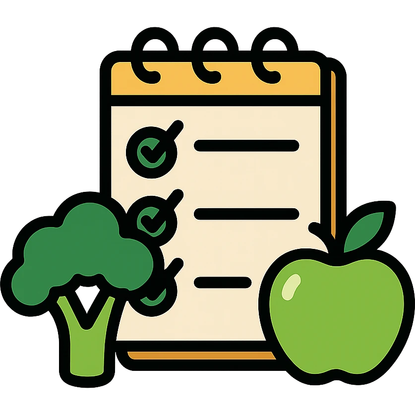 Vector-style illustration of a healthy diet checklist: an open notepad with checkmarks, placed beside fresh broccoli and a green apple. Clean, crisp lines, modern flat design with realistic soft shadows and highlights. High contrast, vibrant colors, minimalistic background. Professional, polished style, ideal for health or nutrition app or article illustration. emoji