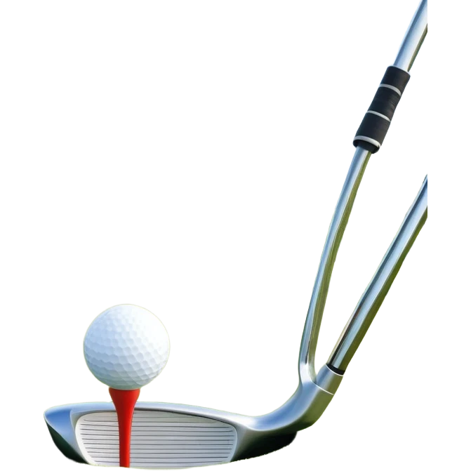 A close-up golf ball on a tee, with a golf club placed beside it, set on a well-manicured green. The background is a peaceful golf course with a clear blue sky, emphasizing the tranquility and skill required for the sport. emoji
