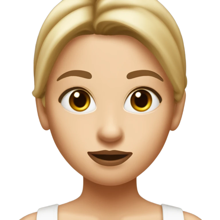 female teenage girl with a straight cute nose with straight dirty blonde hair, mascara and lip liner (brown), also is wearing a white tube top emoji