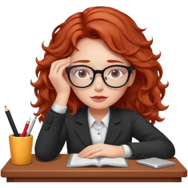 Pretty model, brown eyes, soft red wavy hair, falling asleep at desk emoji