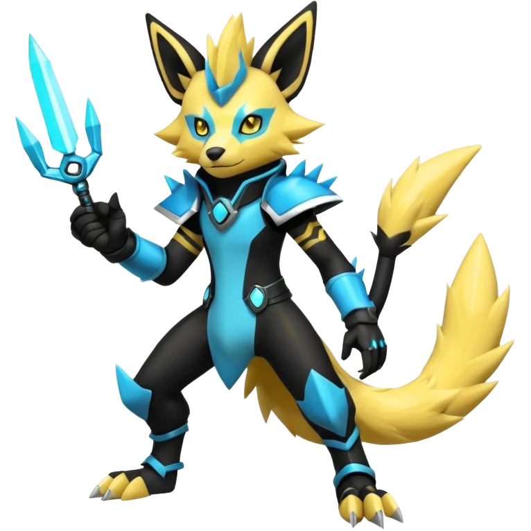 Shiny badass cool edgy spikey fluffy realistic cyan yellow white electric complex futuristic Zeraora-Luxray-Electrike-Umbreon-Manectric-Weregarurumon-fusion-creature (full body) wearing black gauntlets emoji