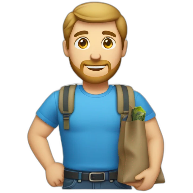 caucasian male with small beard blue shirt and with bag of money emoji