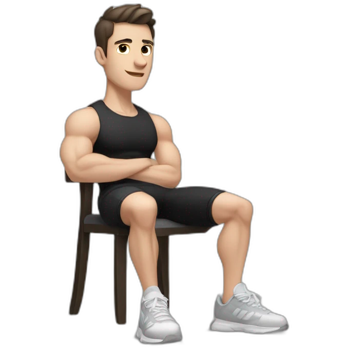 Pale skinned Fit Man With the biceps and dark brown hair in black shirt, gray sports shorts and white Sneakers Sitting on a chair emoji