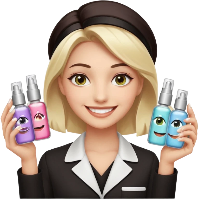 A smiling beautician with cold fake smile, calculating eyes, pointing at your cheek while holding 5 expensive serum bottle. predatory vibe.A face with a fake sweet smile, but the face is slowly consumed by shadows creeping from below. calculating eyes are visible in the dark emoji