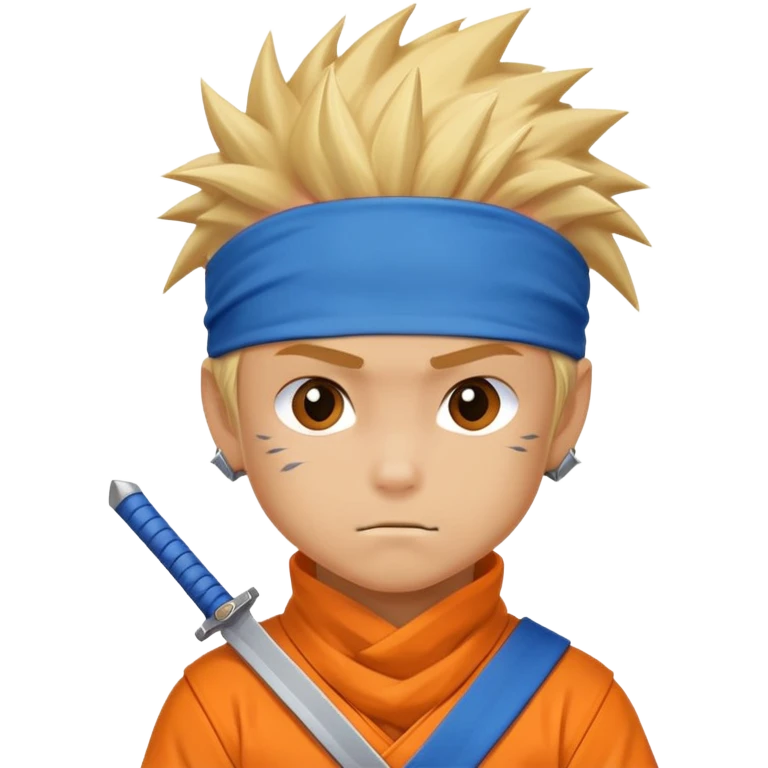 A blonde ninja boy with spiky hair, whisker marks on cheeks, orange outfit, and blue headband with metal plate emoji