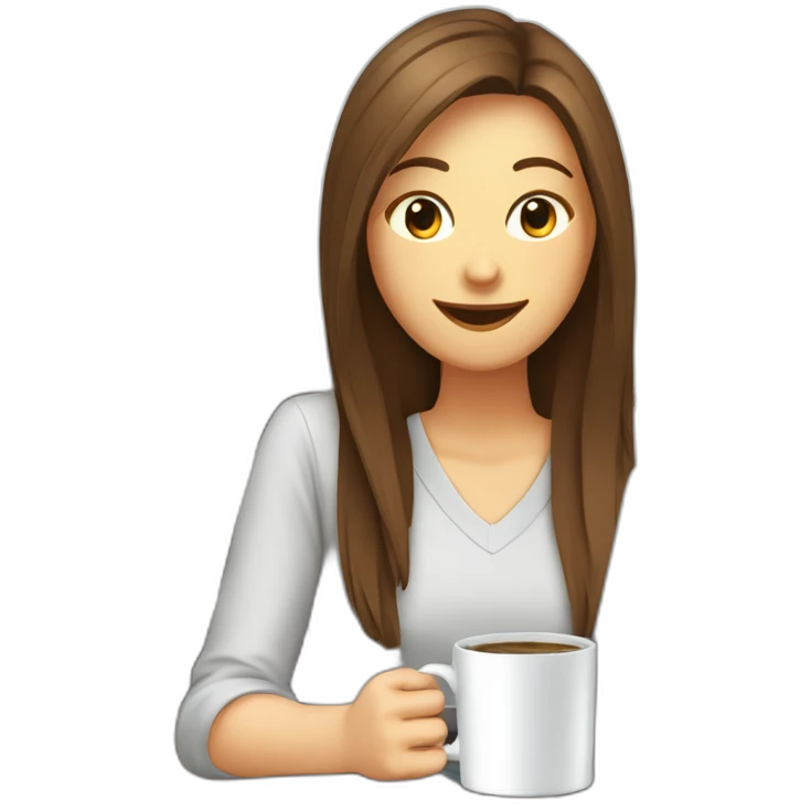 smiling woman with middle brown straight long hair and pale skin eyes closed behind a laptop and behind a large coffee mug. emoji