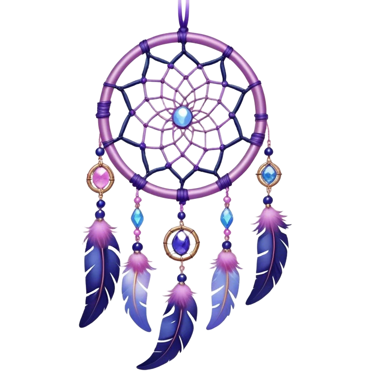 Iridescent shiny transparent pastel purple-pink-indigo-violet crescent-moon-Dreamcatcher hanging from a thread, with gemstones, and beads emoji