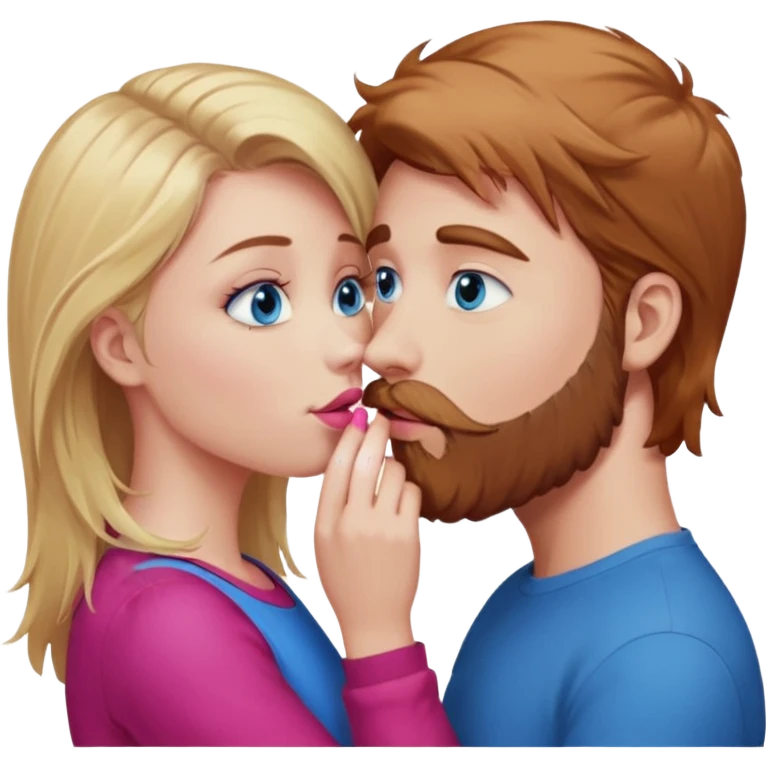 long blonde hair blue eyed girl pink facing a reddish brownish hair and scruffy beard, blue eyed, white male whose holding her face kissing  emoji