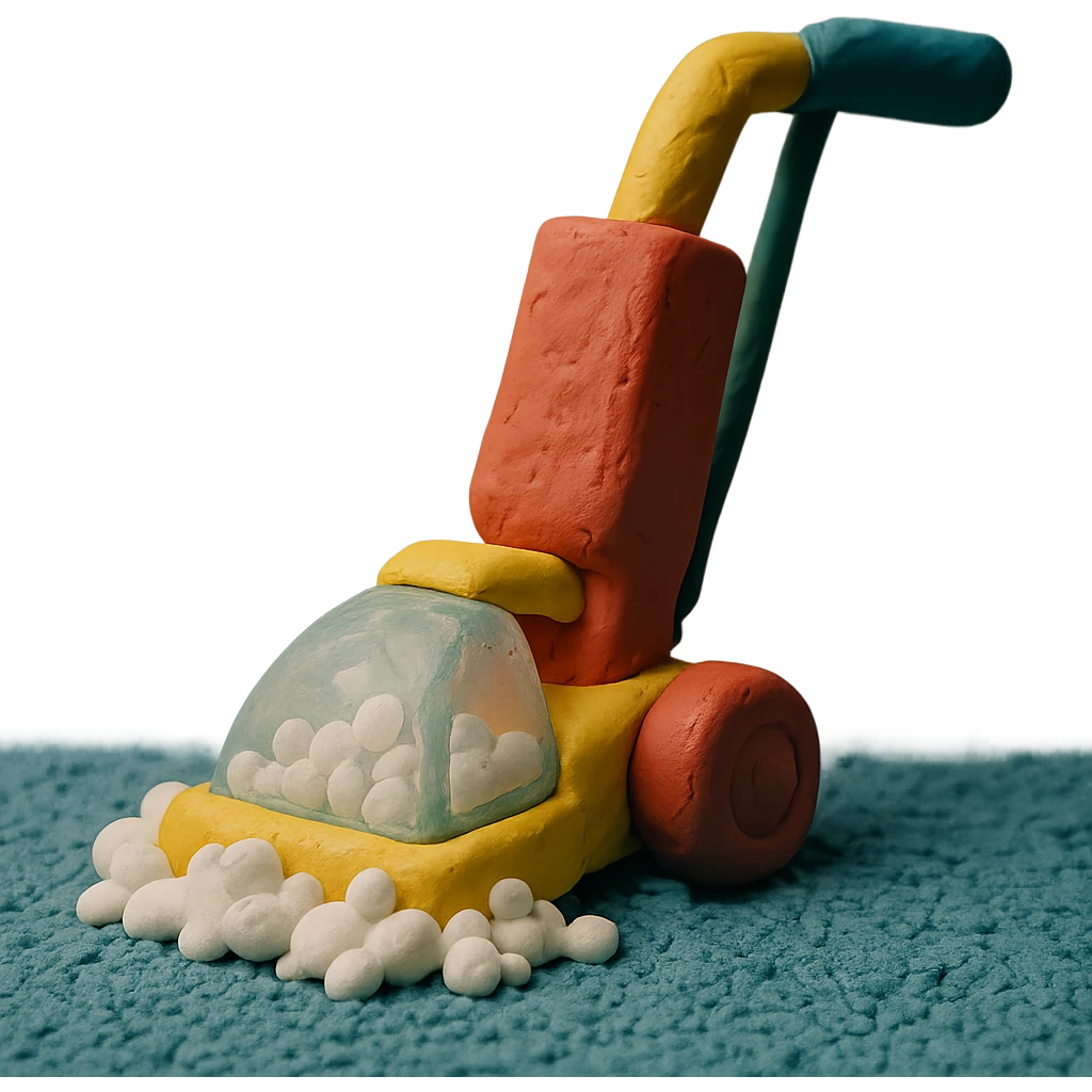 claymation style carpet shampooer in action with foam and bubbles emoji