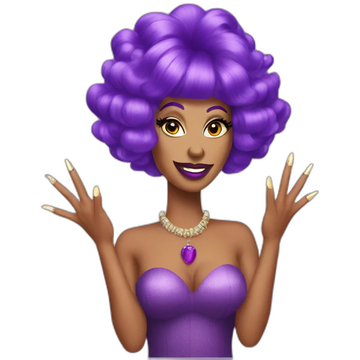 drag queen showing hand with large nails and big purple wig emoji