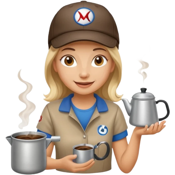 A cheerful female camper brewing coffee in a small metal pot sitting emoji