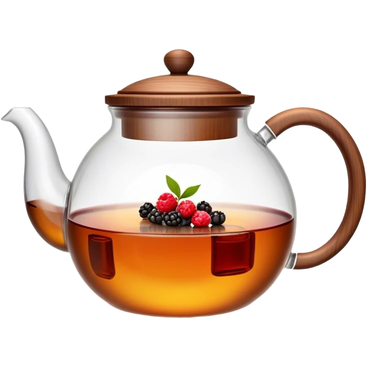 A cinematic realistic emoji with an attractive image of a transparent teapot with a realistic wooden lid filled with tea with berries, rich texture and warm, festive lighting. emoji