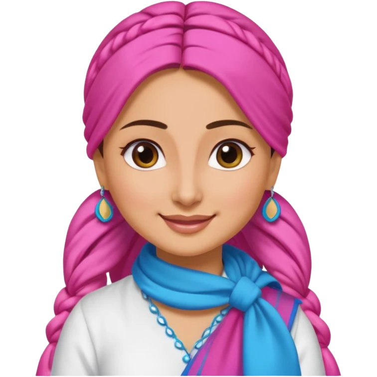 generate a pretty bratz emoji that looks like Kareena Kapoor's Geet character. 
Make her wear a white shirt with a colorful blue-pink dupatta wrapped around her neck. smiling big. hair tied into a side part ponytail

She should look like Kareena Kapoor emoji