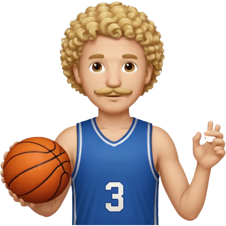 white blonde curly hair man basketball player blue jersey with mustache holding basket ball emoji