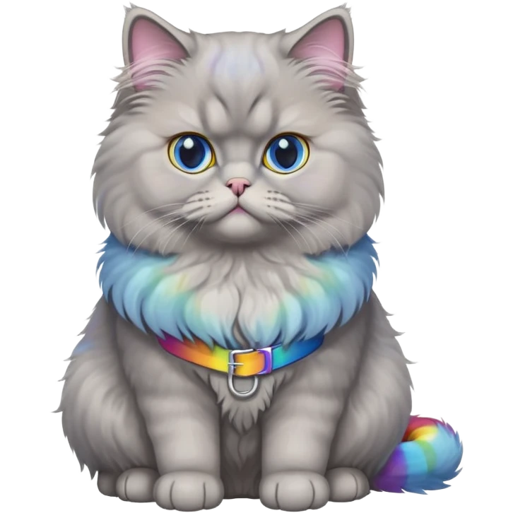 gray Persian cat full body sitting with blue eyes and rainbow belt emoji