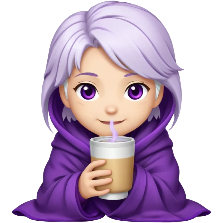 Chibi Sable Ward wrapped in a blanket, holding a warm drink, cozy expression, white hair with purple streaks, fully purple eyes, content smile emoji