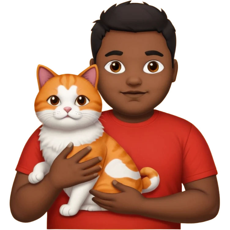 Indian black chubby guy with black middle parted hair in red t-shit with orange cat emoji