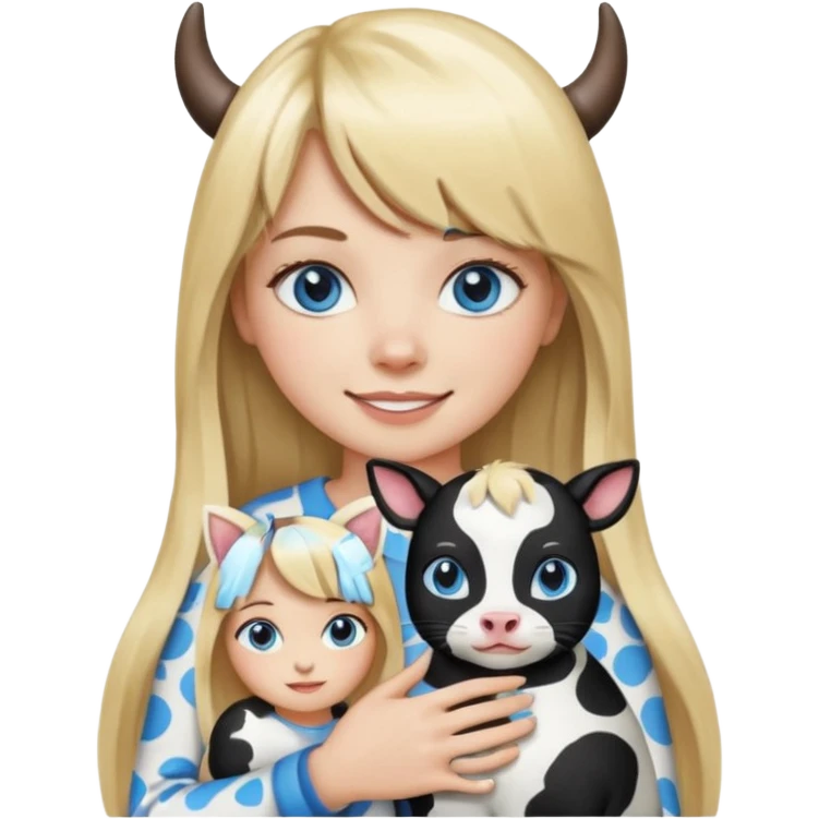 Apple-style emoji sticker of a young woman with long blond hair and straight bangs, blue eyes , holding a black-and-white cow-pattern cat on her chest, both smiling.  emoji