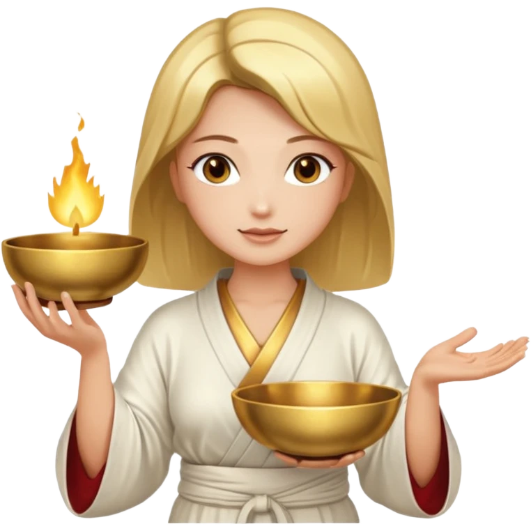 A woman holds a Buddhist bowl in her hands. There is a glow around the girl. emoji