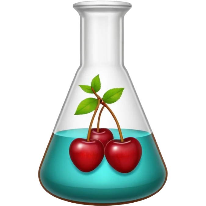 A science beaker filled with teal chemical, cherries, and wood chips emoji