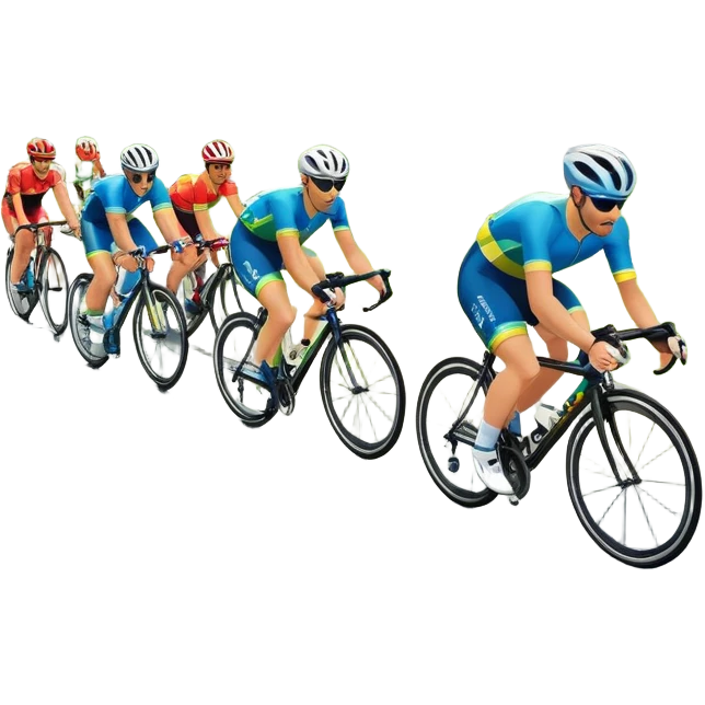 A dynamic icon of a professional cycling race. Cyclists in colorful jerseys speed along a winding road, their bikes leaning into the turn. The background showcases rolling green hills, a bright blue sky, and cheering crowds along the roadside. The scene radiates energy and motion.  emoji