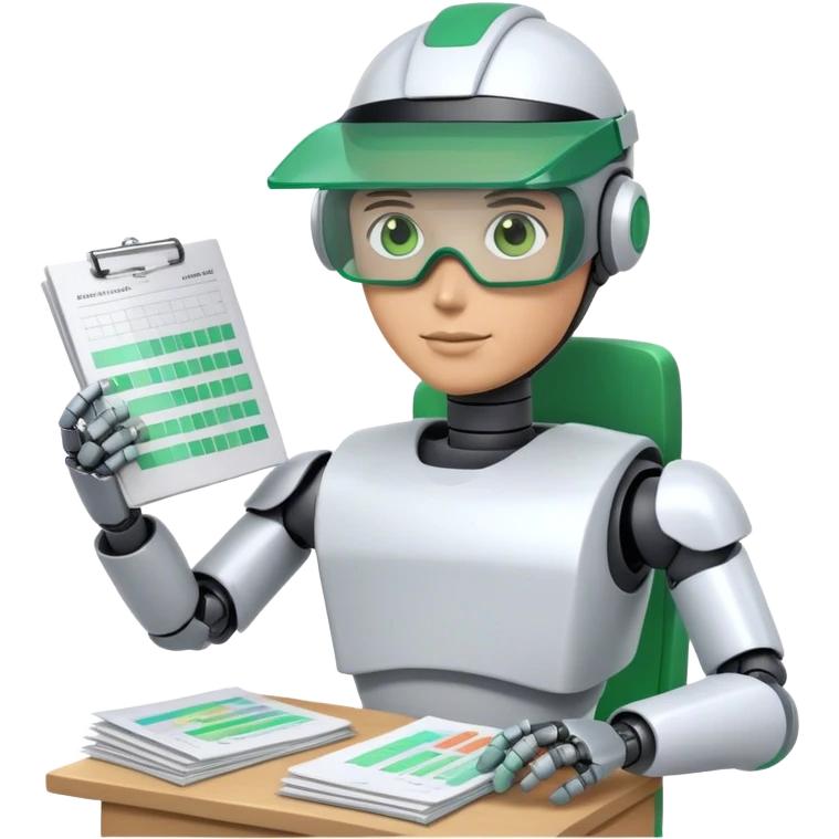 human like robot bookkeeper wearing  accountant Green eyeshade visor  and holding spreadsheets emoji