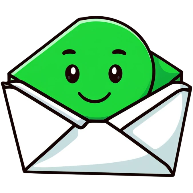 Minimalist Maya-inspired emoji showing happy face receiving a letter, white and deep green only, flat design, clean lines emoji