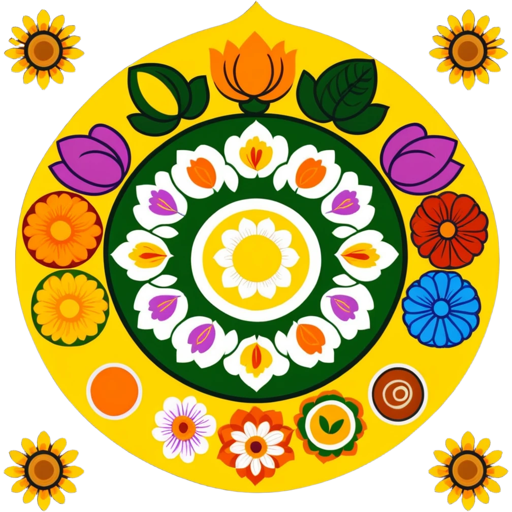 Onam celebration with pookalam flower rangoli and traditional malayali sadhya meal emoji