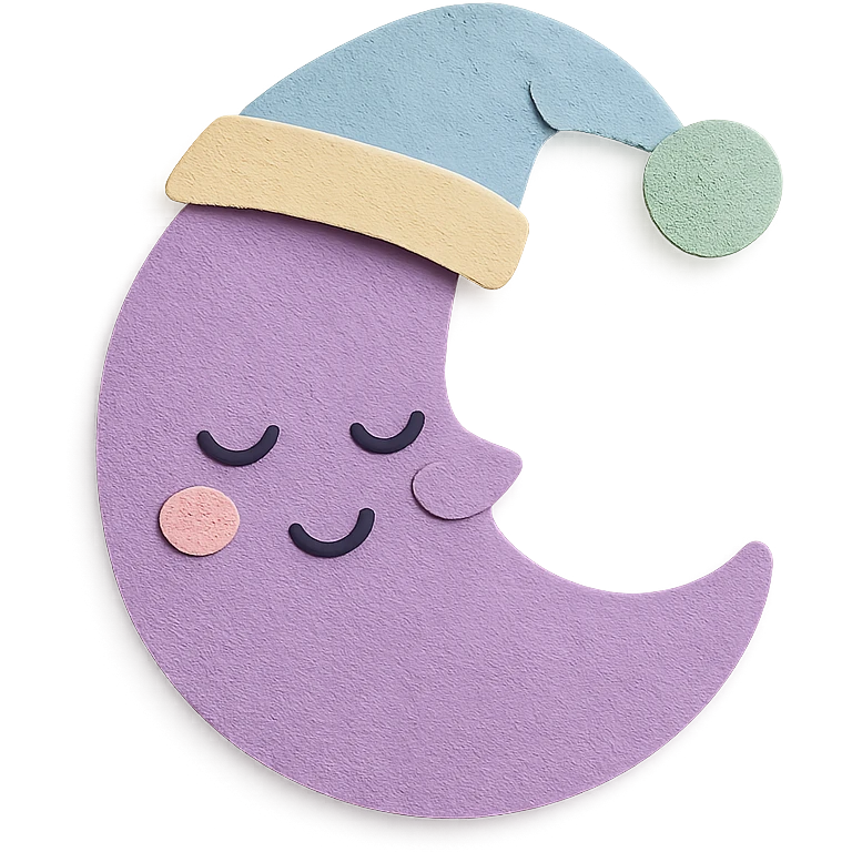 kawaii purple crescent moon, sleeping cap, soft pastel palette, no arms or legs, full body, paper craft style emoji