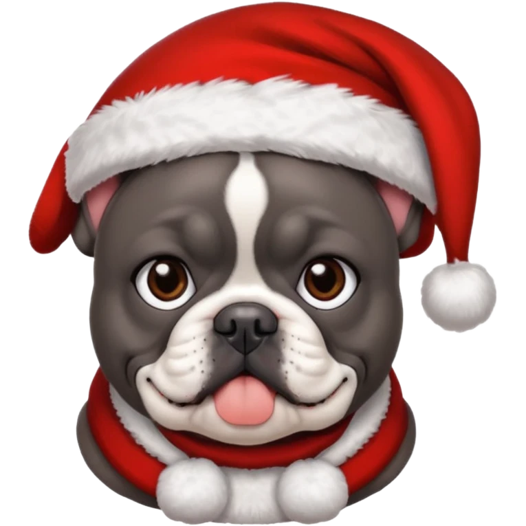 brunette woman with a dark grey French bulldog both wearing Santa emoji