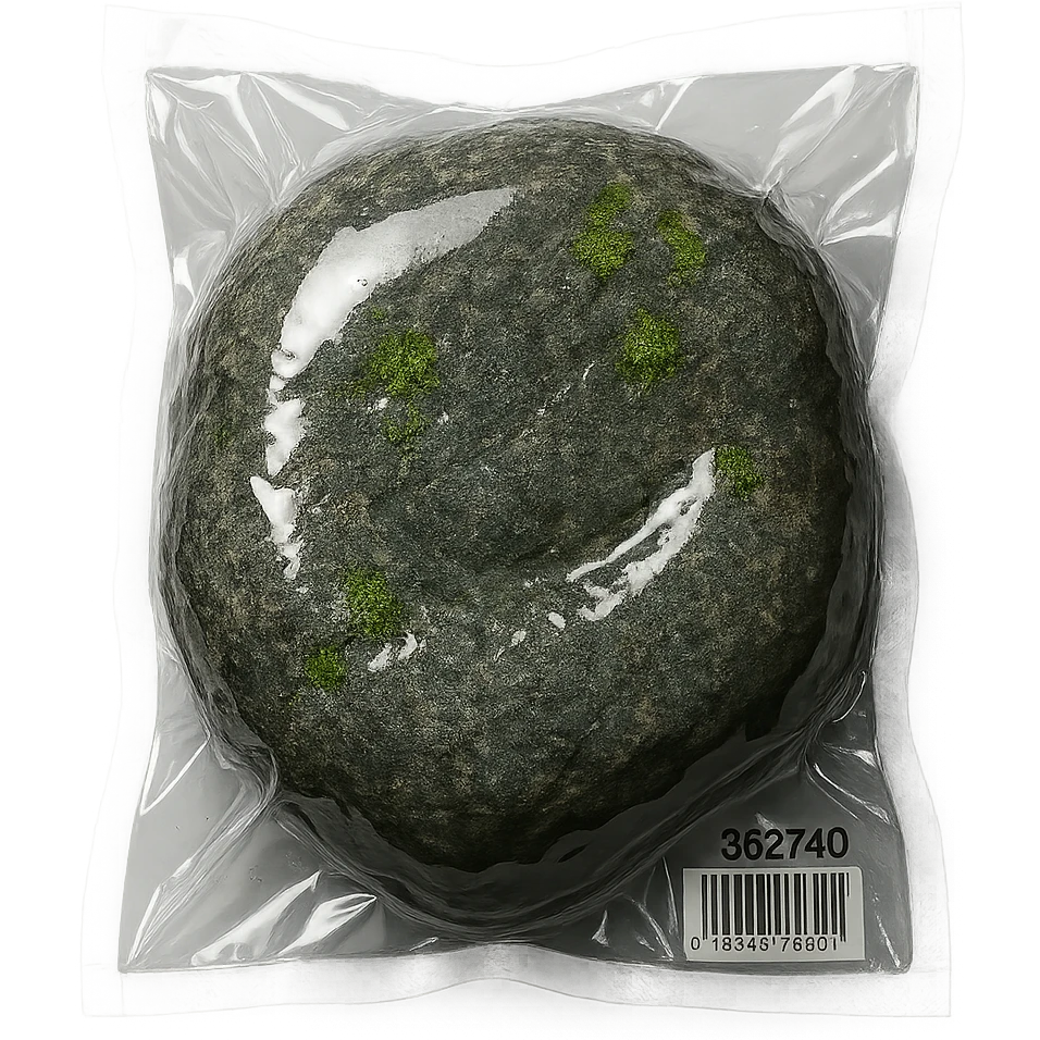 large stone with small patches of green moss, glossy and puffy emoji