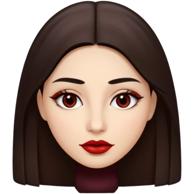 A woman emoji with fair skin, long straight dark brown hair parted in the middle, an oval-shaped face, arched dark eyebrows, almond-shaped brown eyes, a small nose, and full lips colored with deep red lipstick. emoji