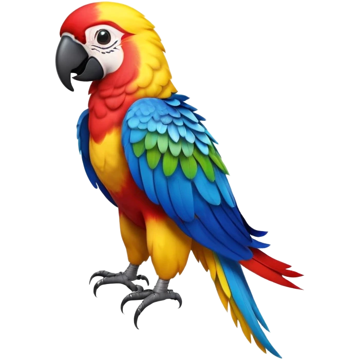 cinematic-macaw-realistic-full-body-standing-emoji,-vibrant-feathers-glowing-with-rich-reds,-blues,-and-yellows,-head-tilted-dramatically,-curved-black-beak-gleaming,-piercing-dark-eyes-exuding-confidence,-simplified-yet-realistic-focused emoji