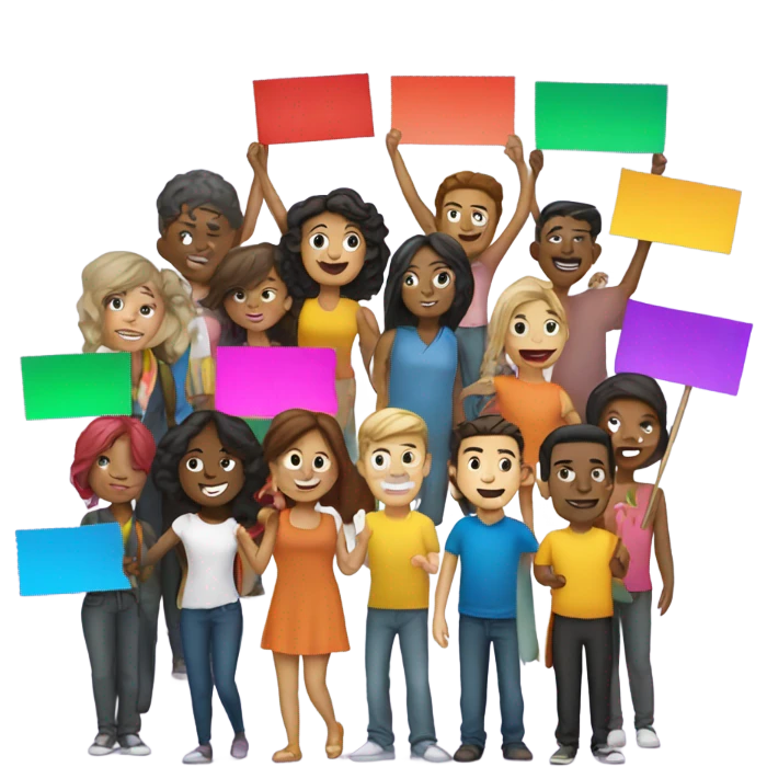 group of people standing with banners emoji