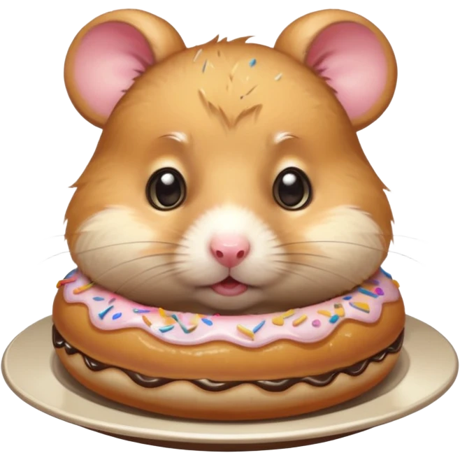Cute cartoon-style hamster staring dramatically at a donut on a plate, conflicted expression, big shiny eyes. Painterly shading, white background, sticker-style illustration emoji