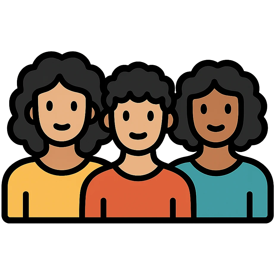 Three women with curly hair standing together, two with shoulder-length black curly hair and one with short black curly hair emoji