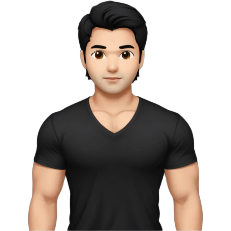 generate a pretty bratz Varun Dhawan with 
Make him wear a black v neck tshirt. muscular but still lean
He shoudl look exactly like VArun DHawan.  messy black hair emoji