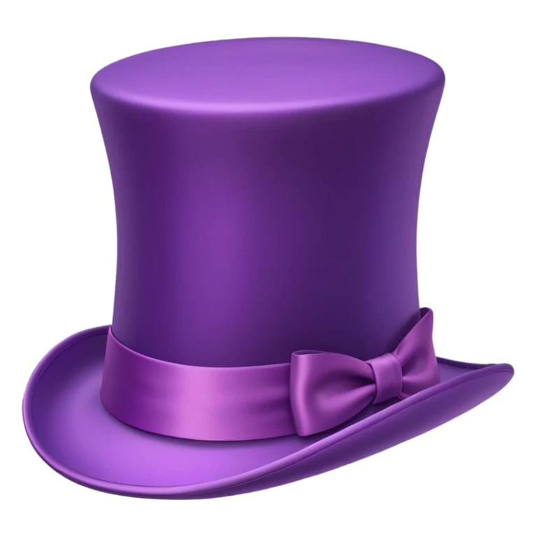 3D emoji of a whimsical purple top hat with a wide brim, shiny and smooth, with a bright satin ribbon, inspired by Willy Wonka, cartoon Apple style, soft shadows, white background. emoji