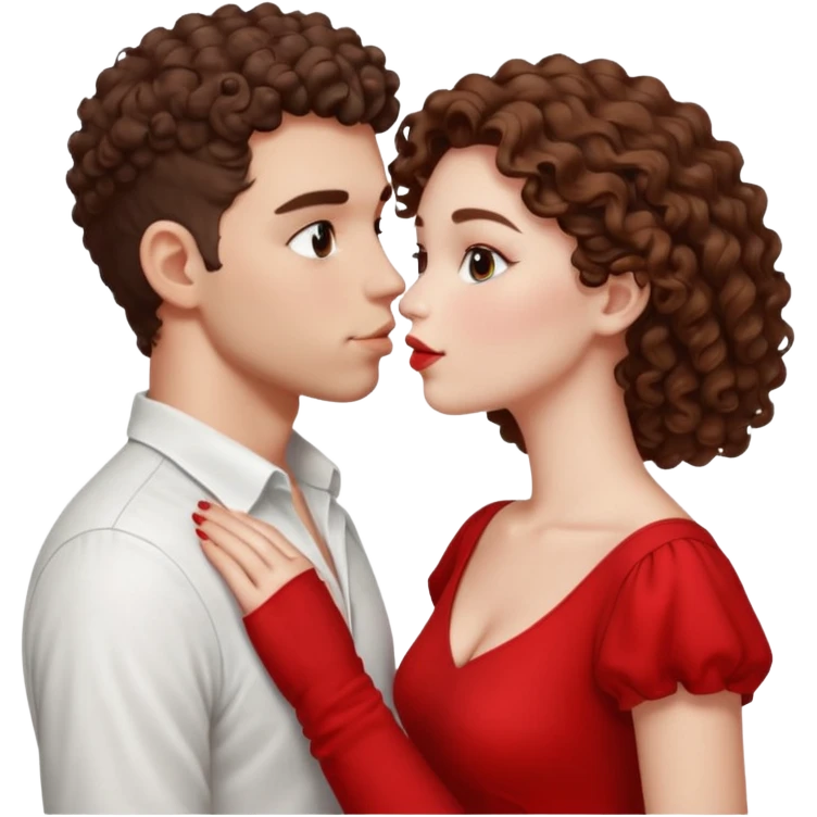 A couple kissing, the man would be white-skinned, mid fade-curly, brown-hair. The serious woman with white skin, brown color emoji