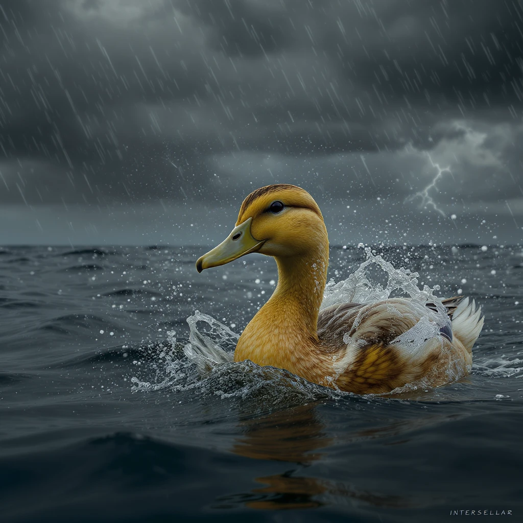 Cinematic still, Closeup shot of Yellow duck on ocean during storm, inspired by interstellar  emoji