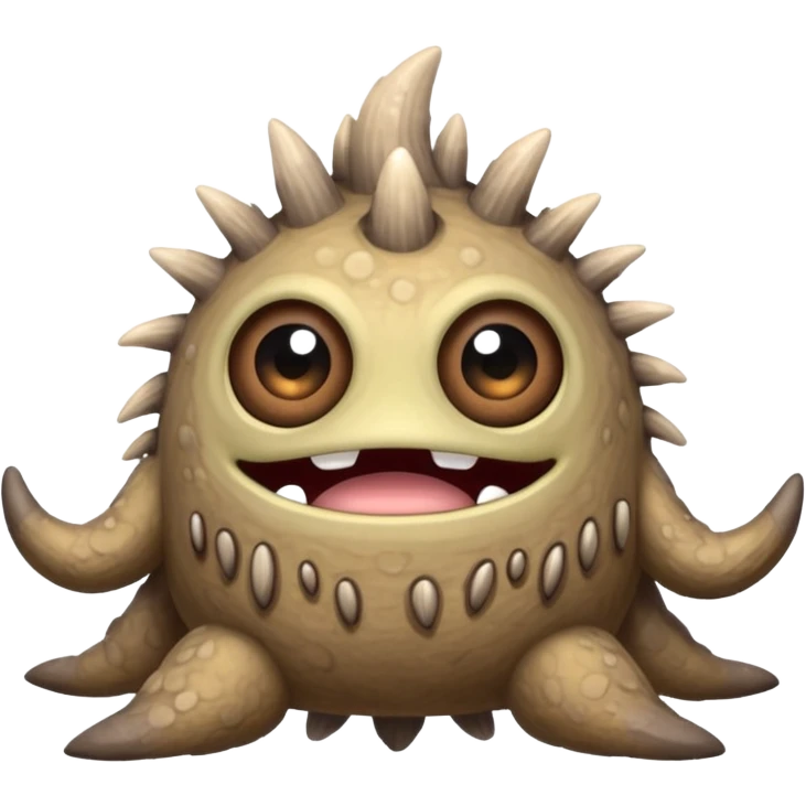 My Singing Monsters Dust element monster, sandy cracked body, muted brown-gray colors, drifting dust particles, cute cartoon style emoji