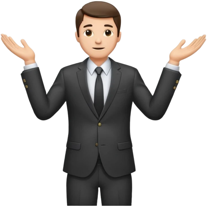 Sticker of a man in a business suit, front view, both arms extended in front of his body at waist level, below chest, hands low near the stomach, elbows slightly bent, palms facing inward as if holding an invisible box, not raised, not upward emoji