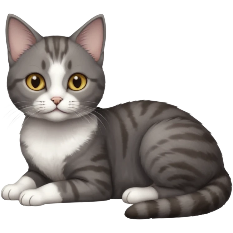 full body tiny short hair dark grey and white cat with hazel eyes lying down emoji