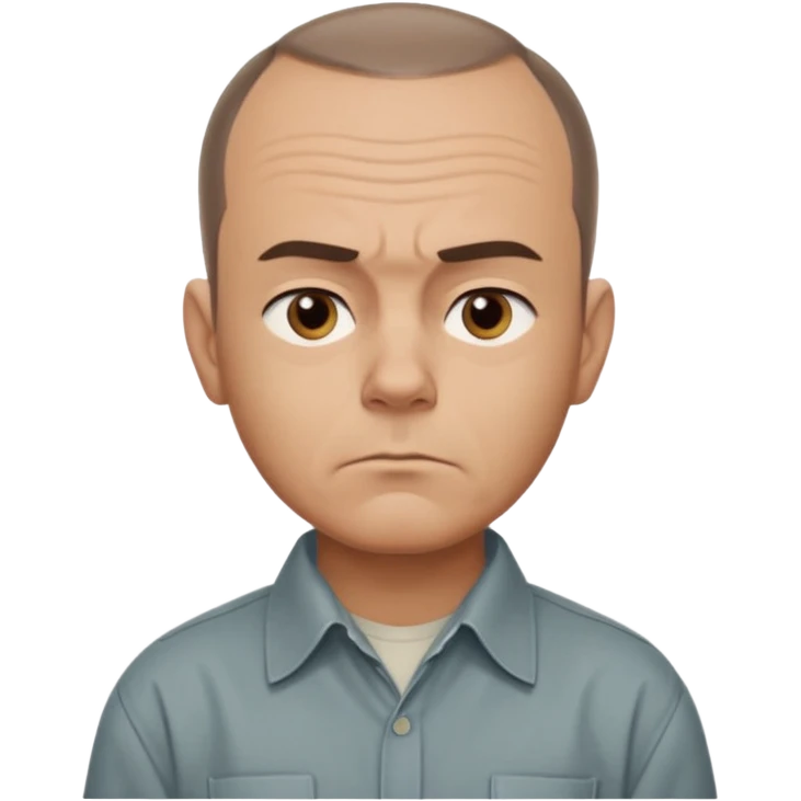 Carl from Sling Blade, serious expression, recognizable features, chin sticking out, slouching posture, no glasses, shirt with collar,  side view,show his entire body, he is standing. three-quarter face angle. He sticks his head forward. not apple style emoji emoji