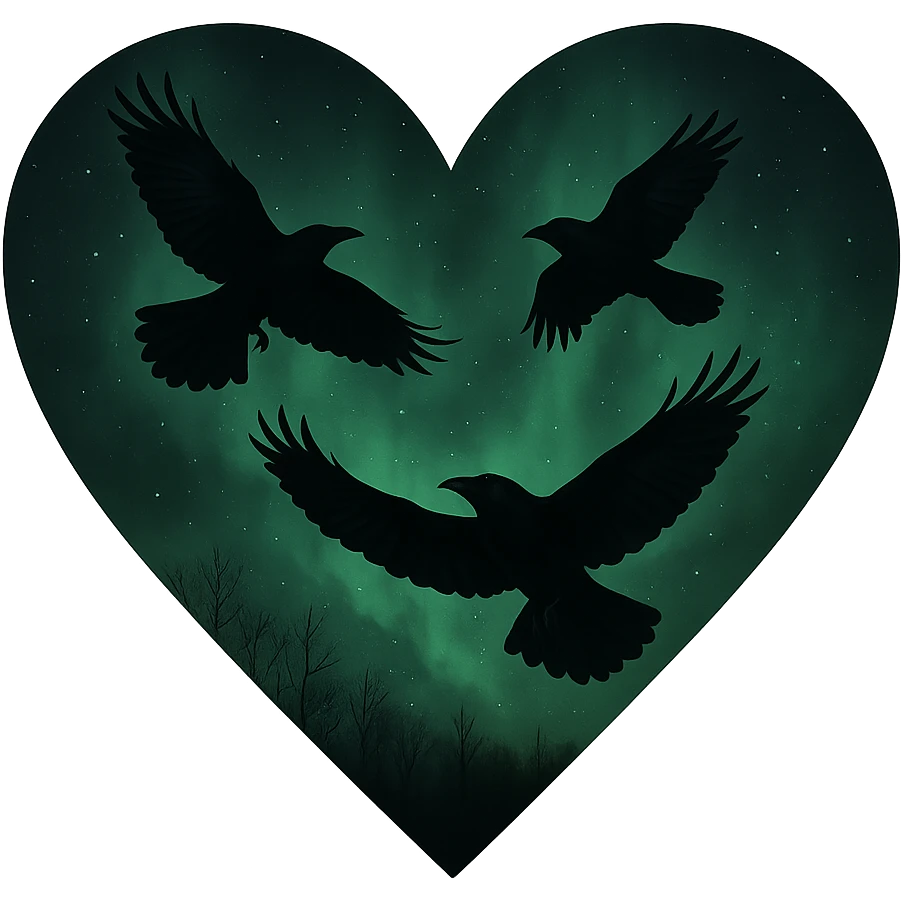  heart with green night sky and dark ravens, remove background emoji