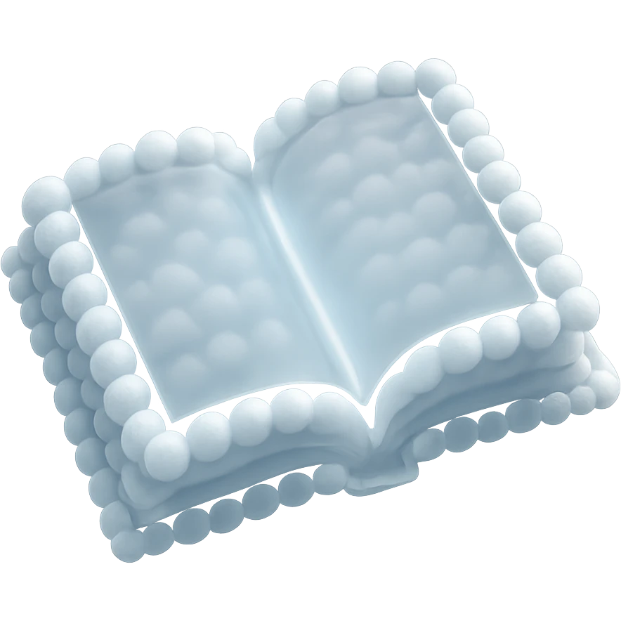 top view of a thick open book made entirely of small, very bright white fluffy convex clouds, matte glass style emoji