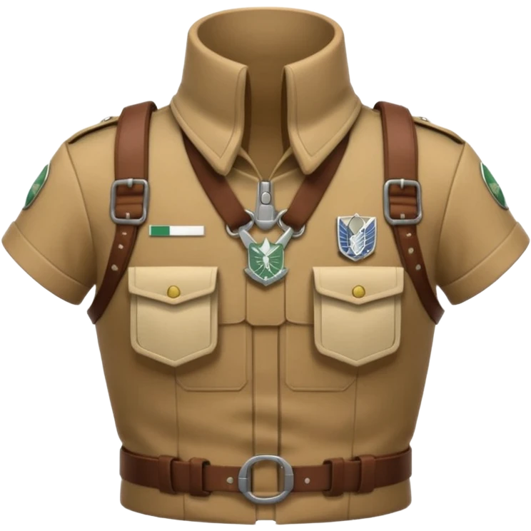 emoji-style icon of Survey Corps uniform from Attack on Titan, showing flared collar, chest harness, minimalist gear, muted anime colors, subtle determined face, stylized for emoji clarity emoji