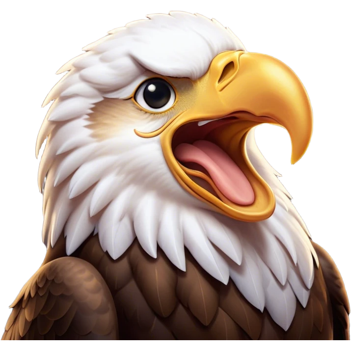 Cinematic Cute Yawning American Eagle Portrait Emoji, Head tilted slightly with a dramatic, wide-open yawn, showcasing a stately form with gently drooping feathers and sleepy, half-closed eyes, Simplified yet irresistibly adorable features, highly detailed, glowing with a soft, cozy majestic glow, high shine, relaxed yet expressive, stylized with a dash of whimsical aerial charm, soft glowing outline, capturing the essence of a drowsy yet affectionate American eagle that appears ready to stretch out for a nap! emoji