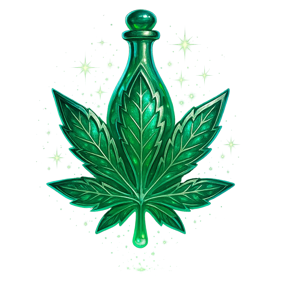 cannabis leaf-shaped luxurious elixir bottle or with cannabis motifs, vibrant green color, iridescent and silver details, very small neck, seamless bottom, extra intense magical glowing and sparkling effects, floating, no base or shadow, modern, matching a collection, transparent background emoji