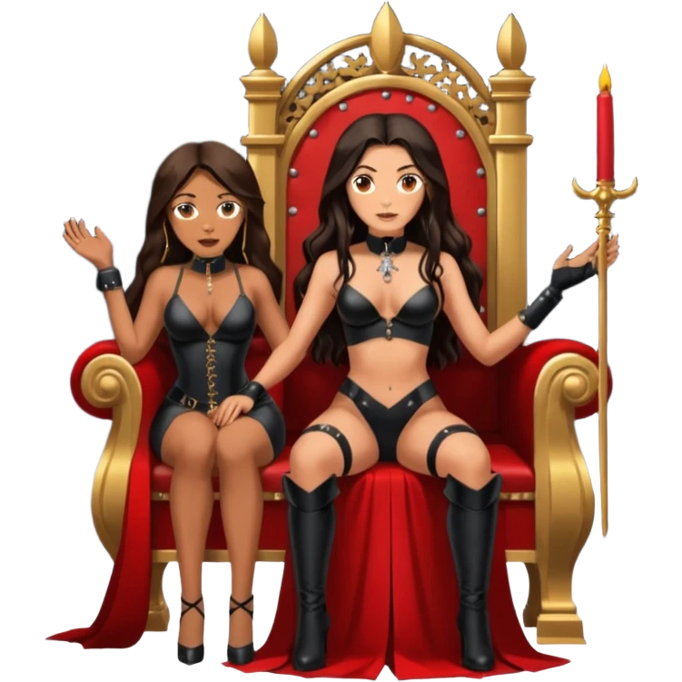 Tan skin with freckles, long dark hair, hazel eyes Dominatrix sitting on a throne. Man worshipping at her feet.  emoji